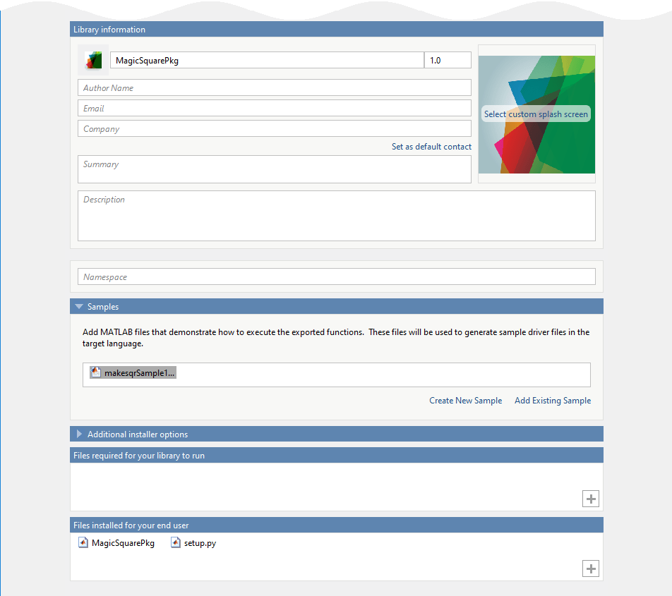 Fields in the Library Compiler app for customizing your application