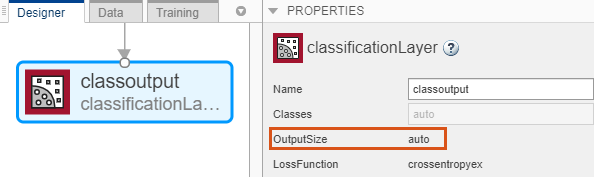 Classification layer selected in Deep Network Designer. OutputSize is set to auto.