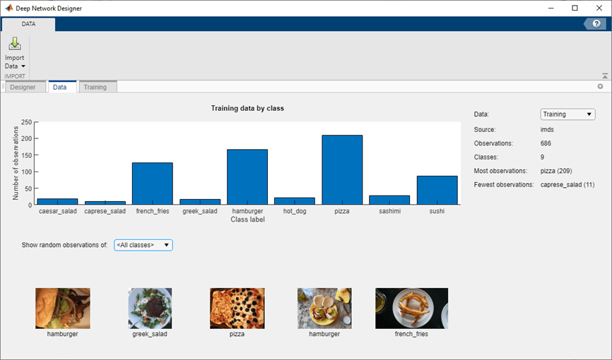 Data tab of Deep Network Designer displaying a histogram of the class labels and a selection of random images from the imported data