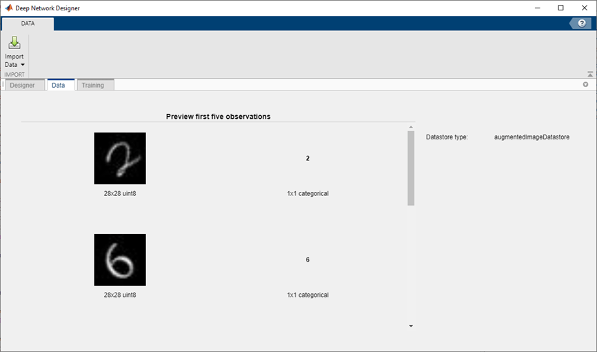 Deep Network Designer with imported augmented image datastore.