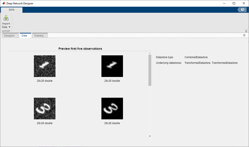 Deep Network Designer with imported combined datastore.