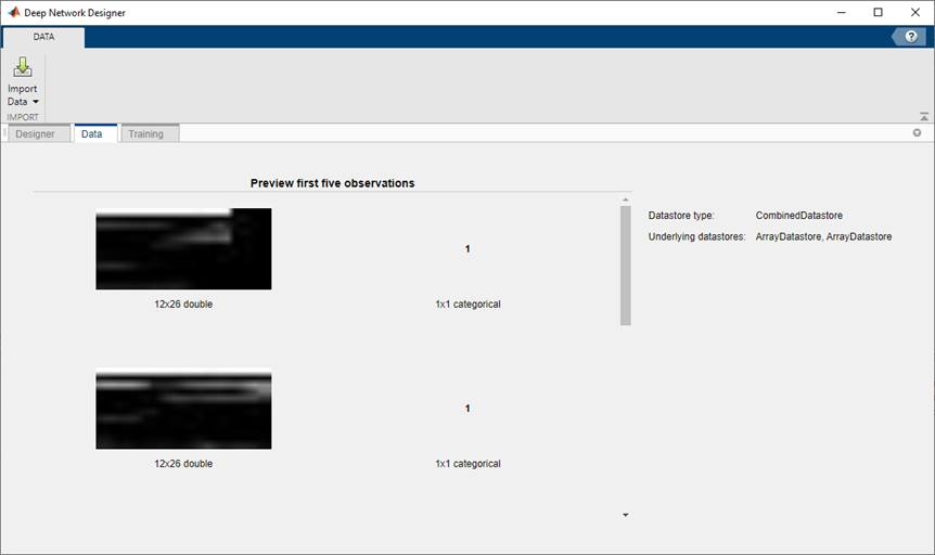 Deep Network Designer with imported custom sequence datastore.