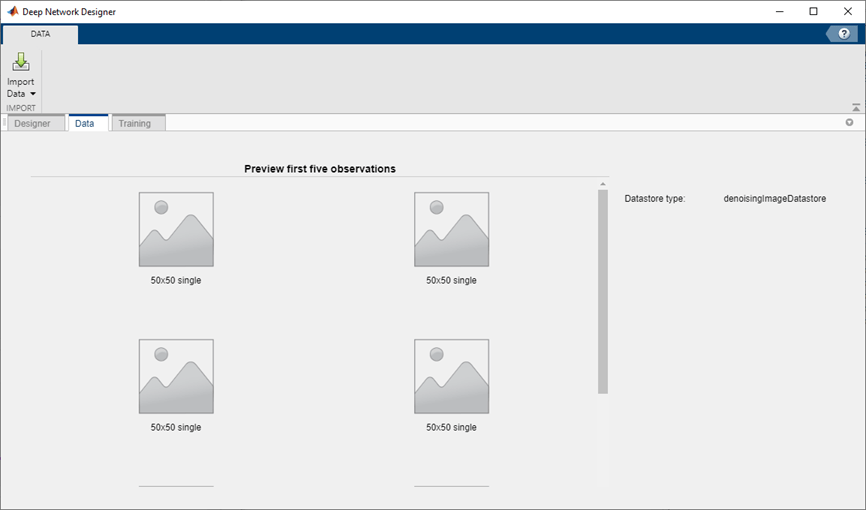 Deep Network Designer with imported denoising image datastore.