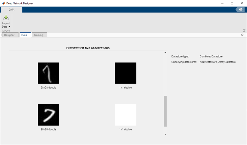 Deep Network Designer with imported combined array datastores.