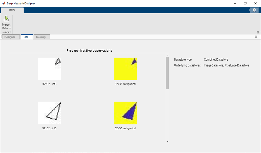 Deep Network Designer with imported semantic segmentation datastore.