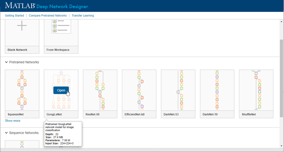 Deep Network Designer start page showing available networks