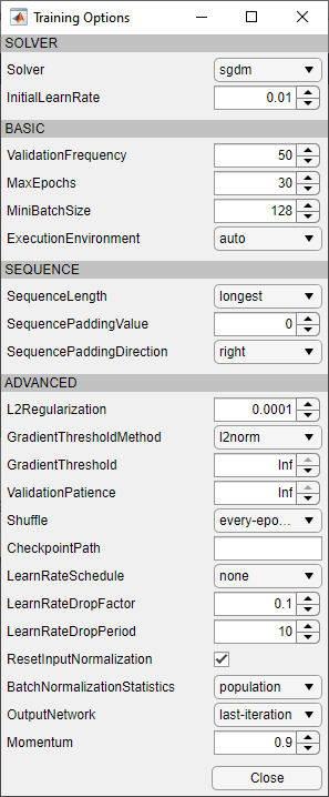 Training Options dialog box in Deep Network Designer