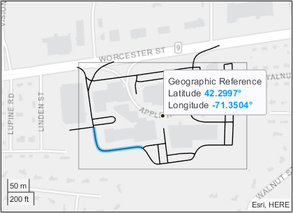 Apple Hill campus map with bottom-left road segment selected in blue.