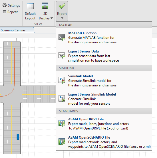 Export menu for OpenDRIVE in DSD app