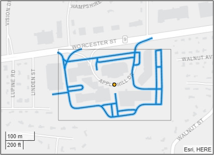 The road network for the MathWorks Apple Hill campus with all roads selected for import