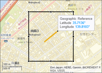 Street map with plotted coordinates in orange and a bounding box in black