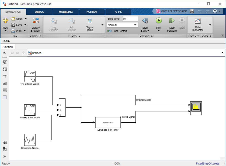 Snapshot of a basic filter model template. The model has two Sine Wave blocks and a Gaussian Noise block in the input. The outputs of these three blocks are added by an adder. The noisy Sinusoidal signal at the output of the adder is pass into a Lowpass FIR Filter block. The noisy signal and the filtered signal are fed into the Spectrum Analyzer as two inputs. The Spectrum Analyzer compares the spectra of these two signals. The Simulation pane is shown by default in the model toolstrip. In the Simulation pane, Stop time is set to inf and the simulation mode is set to Normal.