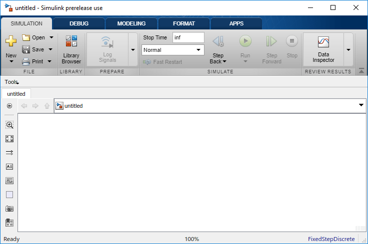 Snapshot of a blank model template. The model is empty with no blocks. The Simulation pane is shown by default in the model toolstrip. In the Simulation pane, Stop time is set to inf and the simulation mode is set to Normal.