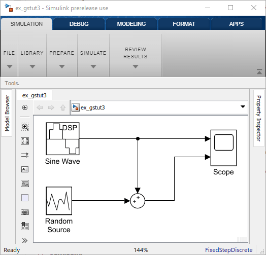 Snap shot of the model block diagram. On left, there is a Sine Wave block and a Random Source block feeding into an adder. The original sinusoidal signal with no noise and the noisy sinusoidal signal are fed into a Scope.