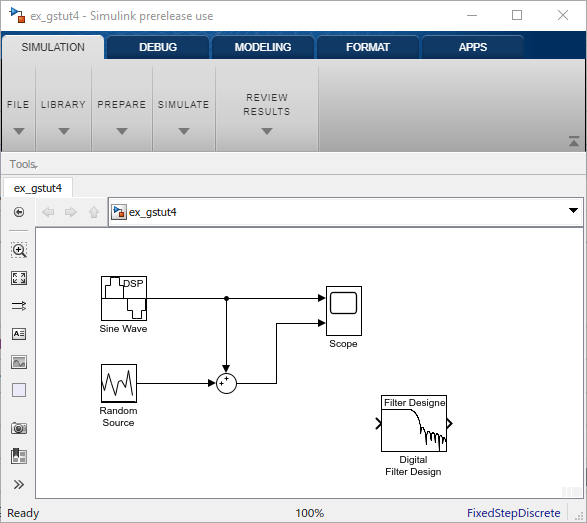 Snap shot of the model block diagram ex_gstut4. On left, there is a Sine Wave block and a Random Source block feeding into an adder. The original sinusoidal signal with no noise and the noisy sinusoidal signal are fed into a Scope. A Digital Filter Design block has been added to the model, however it not connected to the existing blocks in the model.