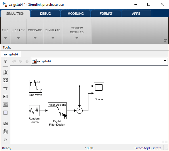 Snap shot of the model block diagram ex_gstut4 with the Digital Filter Design block connected in between the Random Source block and the adder block.