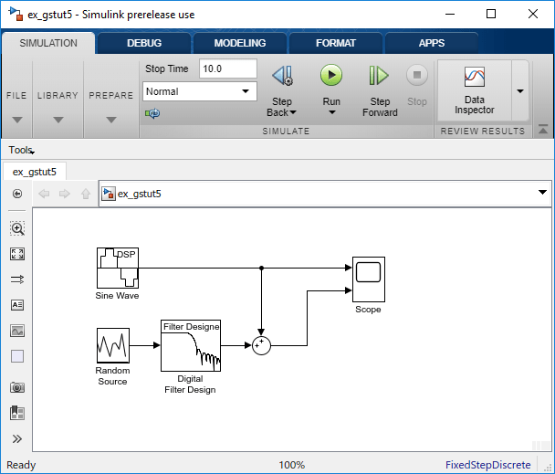 Snapshot of ex_gstut5. On left, there is a Sine Wave block and a Random Source block. The noise generated by the Random Source block feeds into a Digital Filter Design block. The output of the Filter Design block feeds into an adder. The other input to the adder is the original sinusoidal signal with no noise. The output of the adder and the original sinusoidal signal are fed into a Scope.