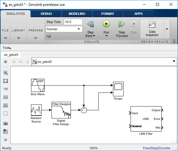 LMS Filter block has been added and is disconnected in ex_gstut5.