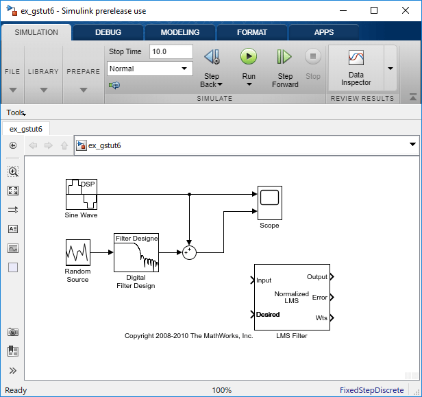 Snapshot of ex_gstut6 model. LMS Filter block has been added to the model and is disconnected.