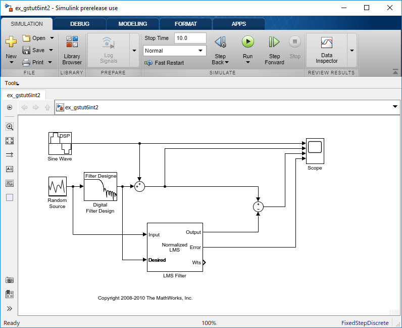 Snapshot of ex_gstut6 model with the LMS Filter block connected. Error port of the LMS Filter block is connected, Wts is not connected.