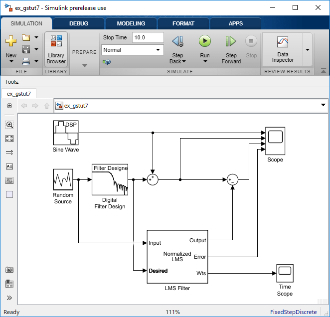 Snapshot of the ex_gstut7 model with Wts port connected to the Time Scope block.