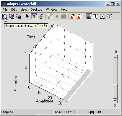 Waterfall scope. The three axes in the waterfall plot are Time (ranging from -5 to 0), Samples (ranging from -1 to 1), and Amplitude (ranging from 0 to 30).