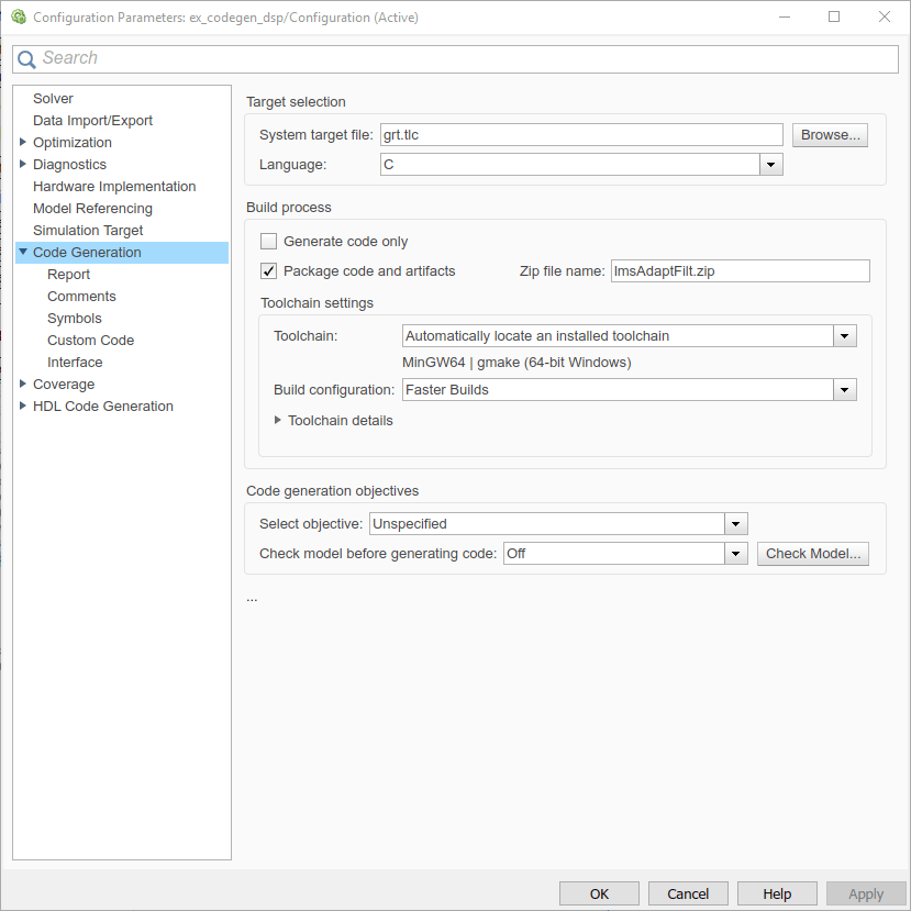 Snapshot of the Code Generation pane under the model configuration parameters. Under Target selection, System target file is set to grt.tlc, language is set to C. Under Build process, Generate code only parameter is not selected, Package code and artifacts parameter is selected, Zip file name is set to lmsAdaptFilt.zip, Toolchain is set to Automatically locate an installed toolchain, and Build configuration is set to Faster Builds. Under Code generation objectives, Select objective is set to Unspecified and Check model before generating code is set to Off.