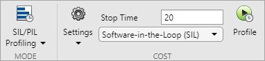 SIL and PIL profiling settings in the toolstrip