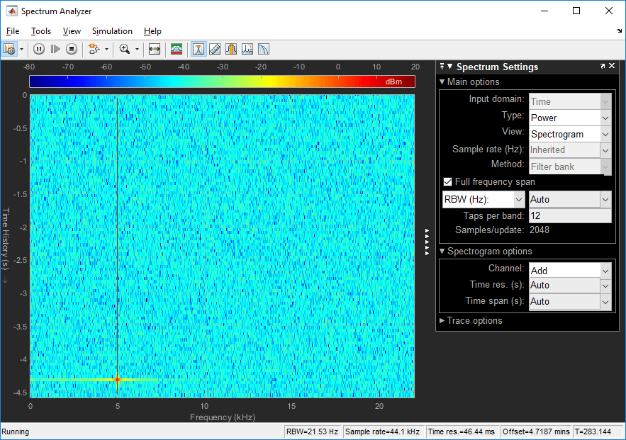 Spectrogram display showing one line at 5 KHz.