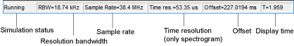 Figure showing where the scope window shows the simulation status, resolution bandwidth, sample rate, time resolution, offset, and time