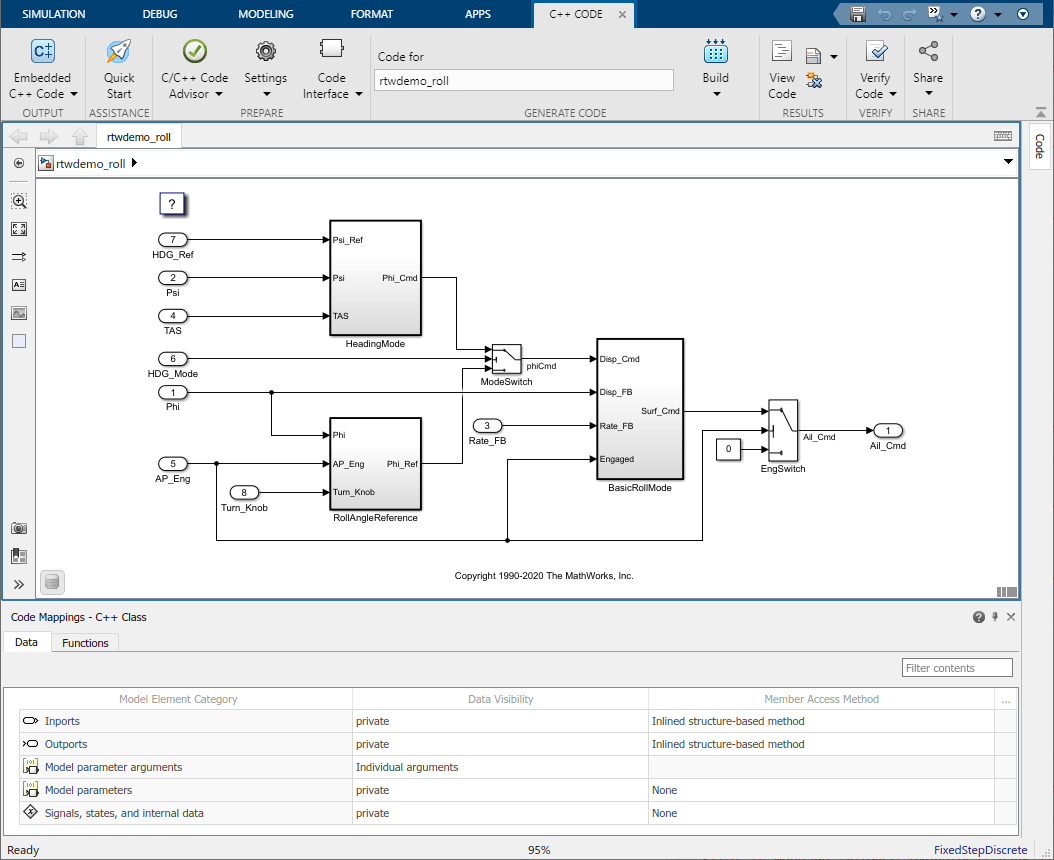 Simulink model showing the open Code Mappings - C++ Editor