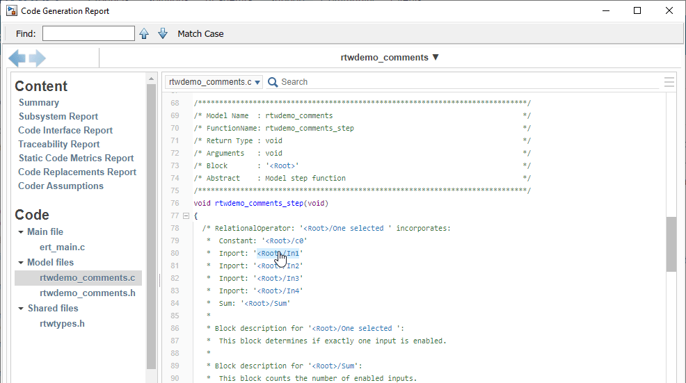 Code generation report window containing model.c file is open. Mouse cursor is placed on a comment that contains a hyperlink to the corresponding block in the model.