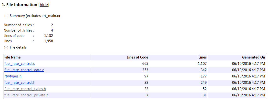 File Information section of the static code metrics report. A table shows columns for the file name, lines of code, lines, and generation date for each file.