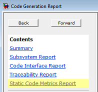 Contents pane of the code generation report. The Static Code Metrics link is highlighted.