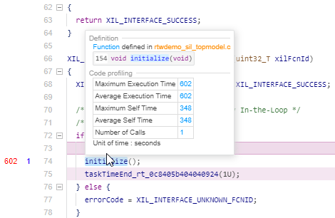 Initialization function call with tooltip showing table of code profiling metrics.