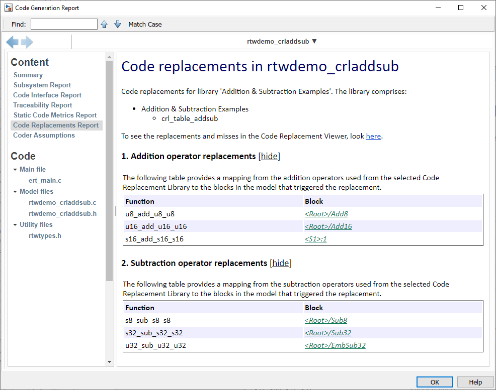 Code replacements report for rtwdemo_crladdsub model.