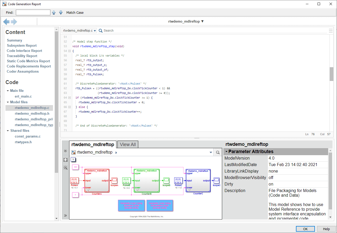 Code generation report showing code for rtwdemo_mdlreftop and a web view of the model.