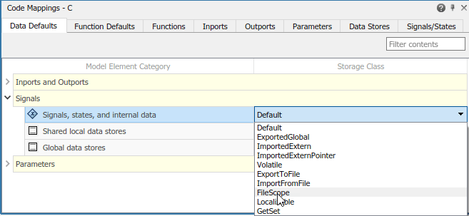 Code Mappings editor with Data Defaults tab selected, Signals tree node expanded, and storage class for Signals, states, and internal data set to FileScope.