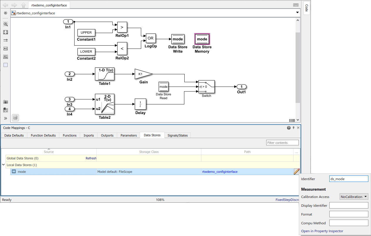 Code Mappings editor with Data Stores tab selected, Shared Local Data Stores tree node expanded, and storage class for data store mode set to Model default: Volatile. Mapping Inspector shows Identifier property for data store mode set to ds_mode.