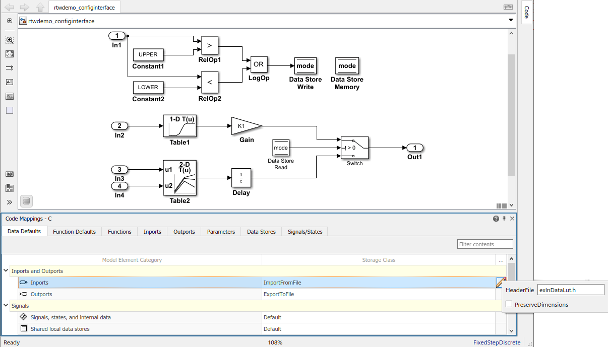 Code Mappings editor with Data Defaults tab selected, Inports and Outports tree node expanded, and storage class for Inports set to ImportFromFile. Property Inspector with HeaderFile property set to exInDataLut.h