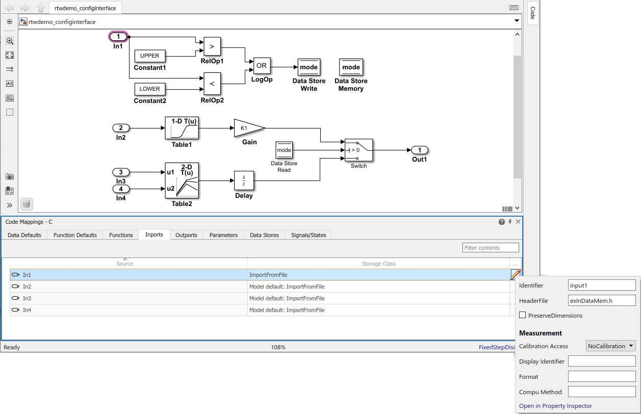 Code Mappings editor with Inports tab selected, signal In1 selected, and storage class being set to ImportFromFile. Mapping Inspector with HeaderFile property set to exInDataMem.h.