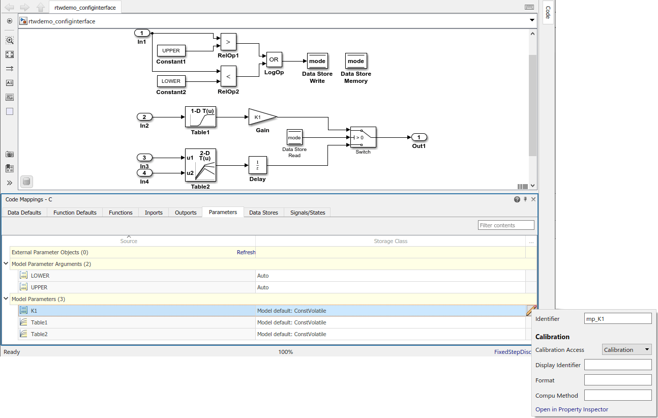 Code Mappings editor with Parameters tab selected, Model parameters tree node expanded, and storage class for parameters K1, Table1, and Table2 set to Model default: ConstVolatile. Mapping Inspector shows Identifier property for parameter Table2 set to mp_Table2.