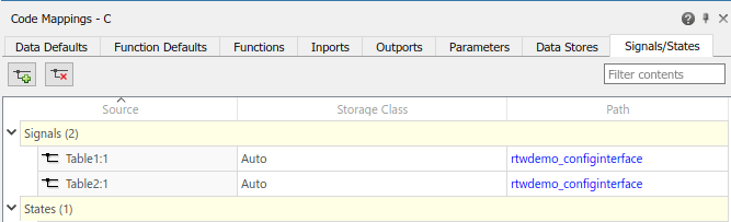 Code Mappings editor with Signals/States tab selected and Signals tree node expanded, listing signals Table1:1 and Table2:1.