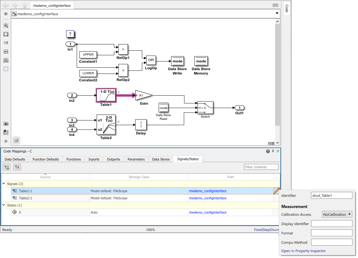 Code Mappings editor with Signals/States tab selected, Signals tree node expanded, and storage class for signals Table1:1 and Table2:1 set to Model default: FileScope. Mapping Inspector shows Identifer property for signal Table1:1 set to dout_Table1.