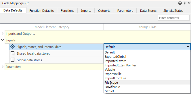 Code Mappings editor with Data Defaults tab selected, Signals tree node expanded, and storage class for Signals, states, and internal data set to FileScope.