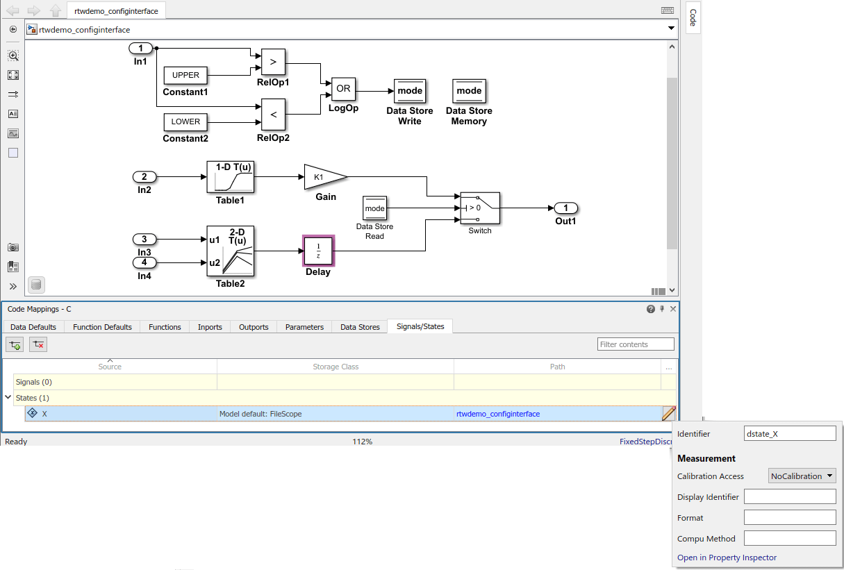 Code Mappings editor with Signals/States tab selected, States tree node expanded, and storage class for state X set to Model default: FileScope. Mapping Inspector shows Identifier property for state X set to dstate_X.