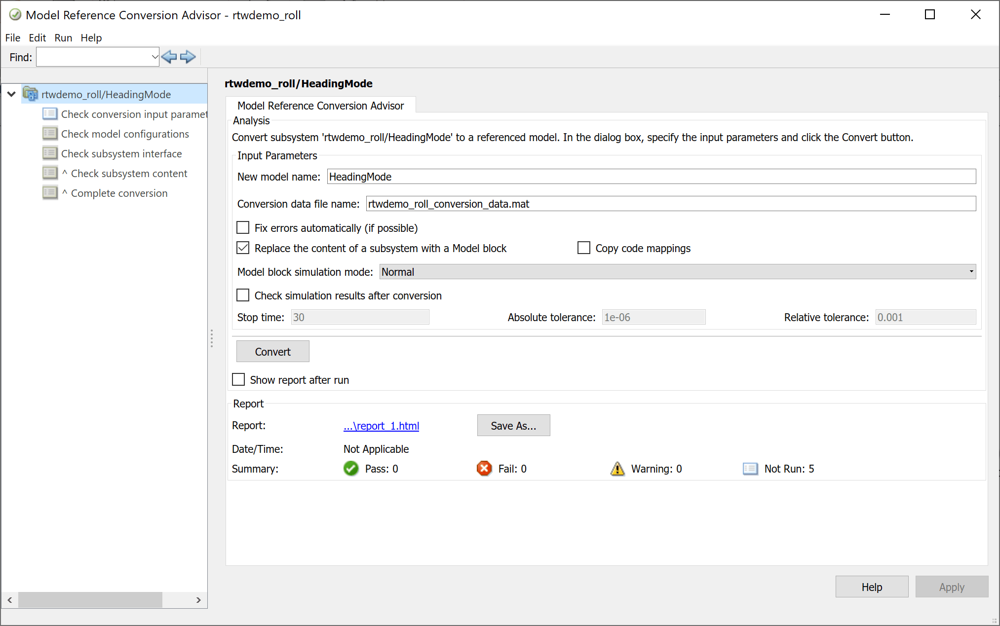 Model Reference Conversion Advisor window is open. New model name is autopopulated as HeadingMode.