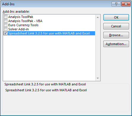 Add-Ins dialog box containing a list of Excel add-ins