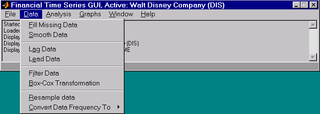 Financial Time Series main window Data menu