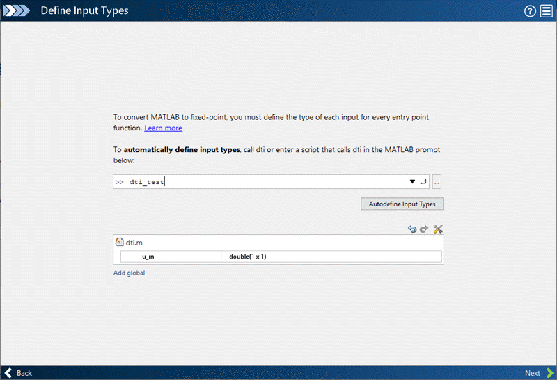 Define Input Types pane of the Fixed-Point Converter app.